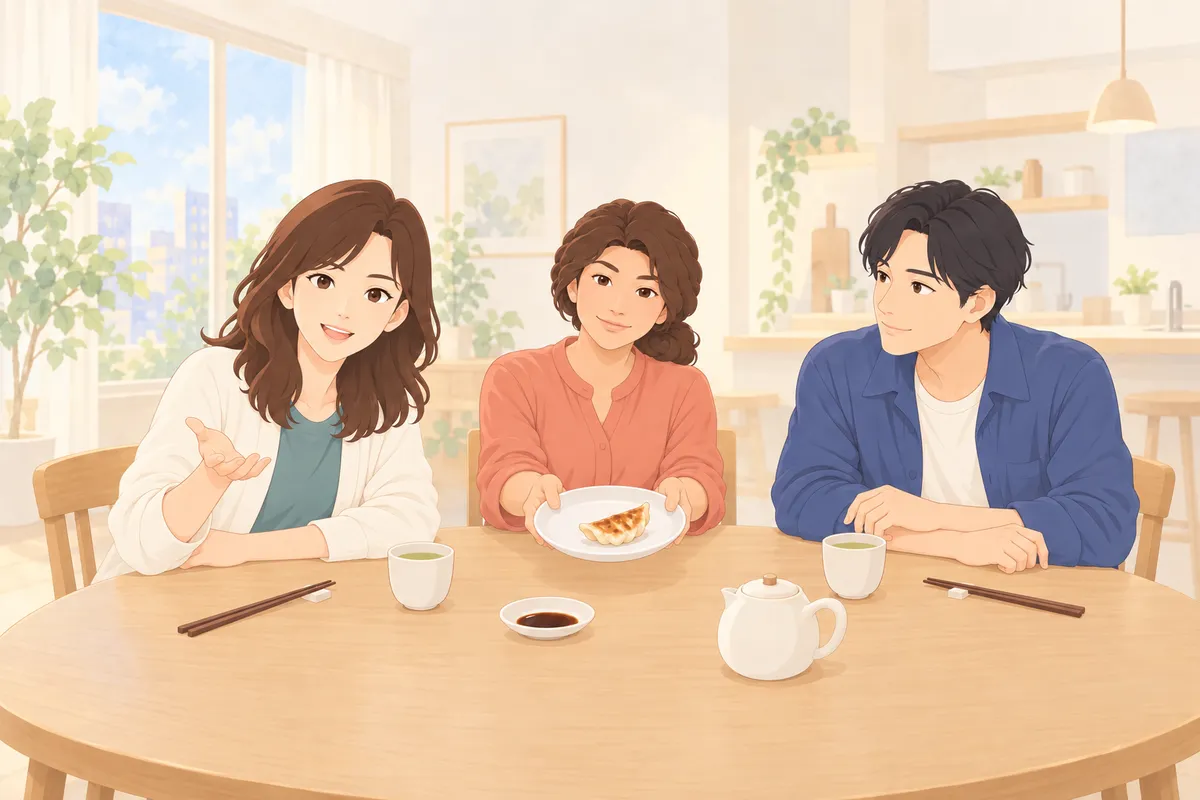 Yui welcomes you at the table while Aya offers the last gyoza and Ren joins the conversation.